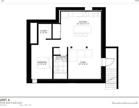 Floor plan for 1 bed, 1 bath, 675 sqft